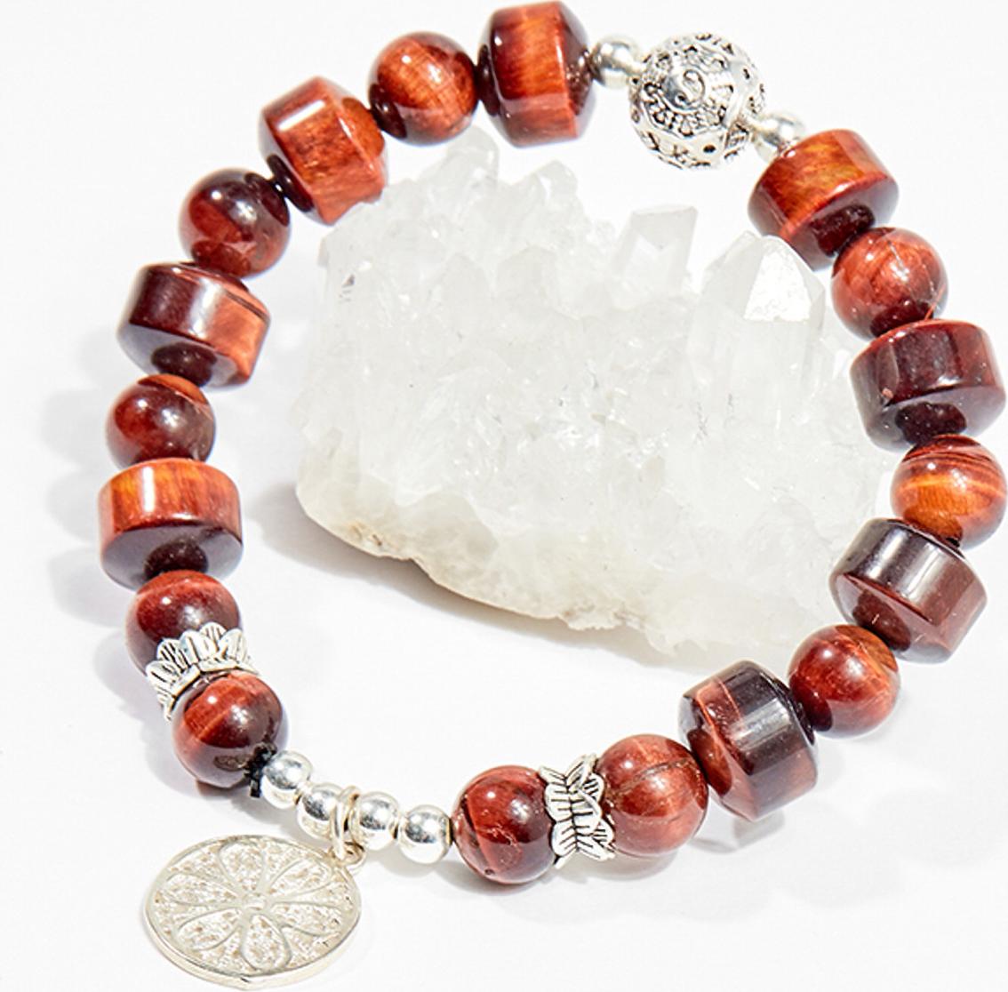 Vòng tay phong thủy đá mắt hổ nâu đỏ charm hoa tròn 12mm mệnh hỏa , thổ - Ngọc Quý Gemstones