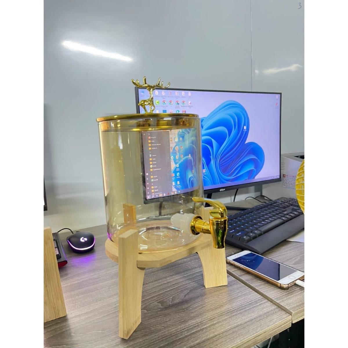 Bình Trà, Bình Đựng Nước Thủy Tinh Stiker 2.5L và 3.5L Có Vòi, Có Nắp Đậy + Tặng Kèm Kệ Gỗ - Bình Pha trà, Nước Trái Cây