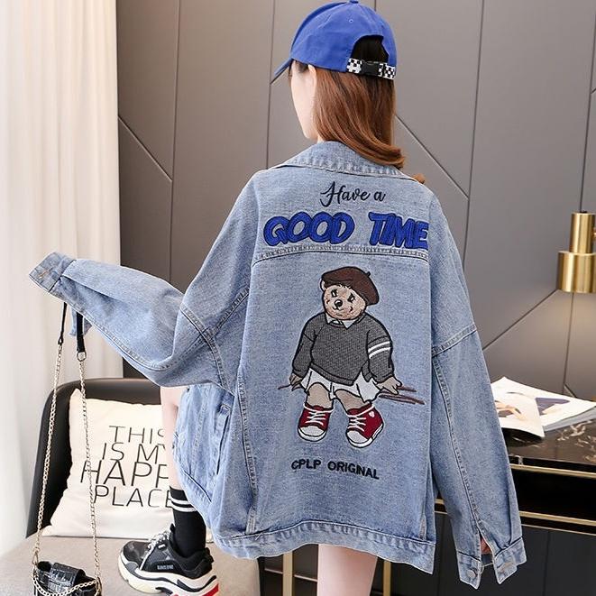 Áo Khoác Jeans Nữ Thêu Gấu Dài Tay Áo Sơ Mi Bò Nữ Dáng Rộng happy store8668