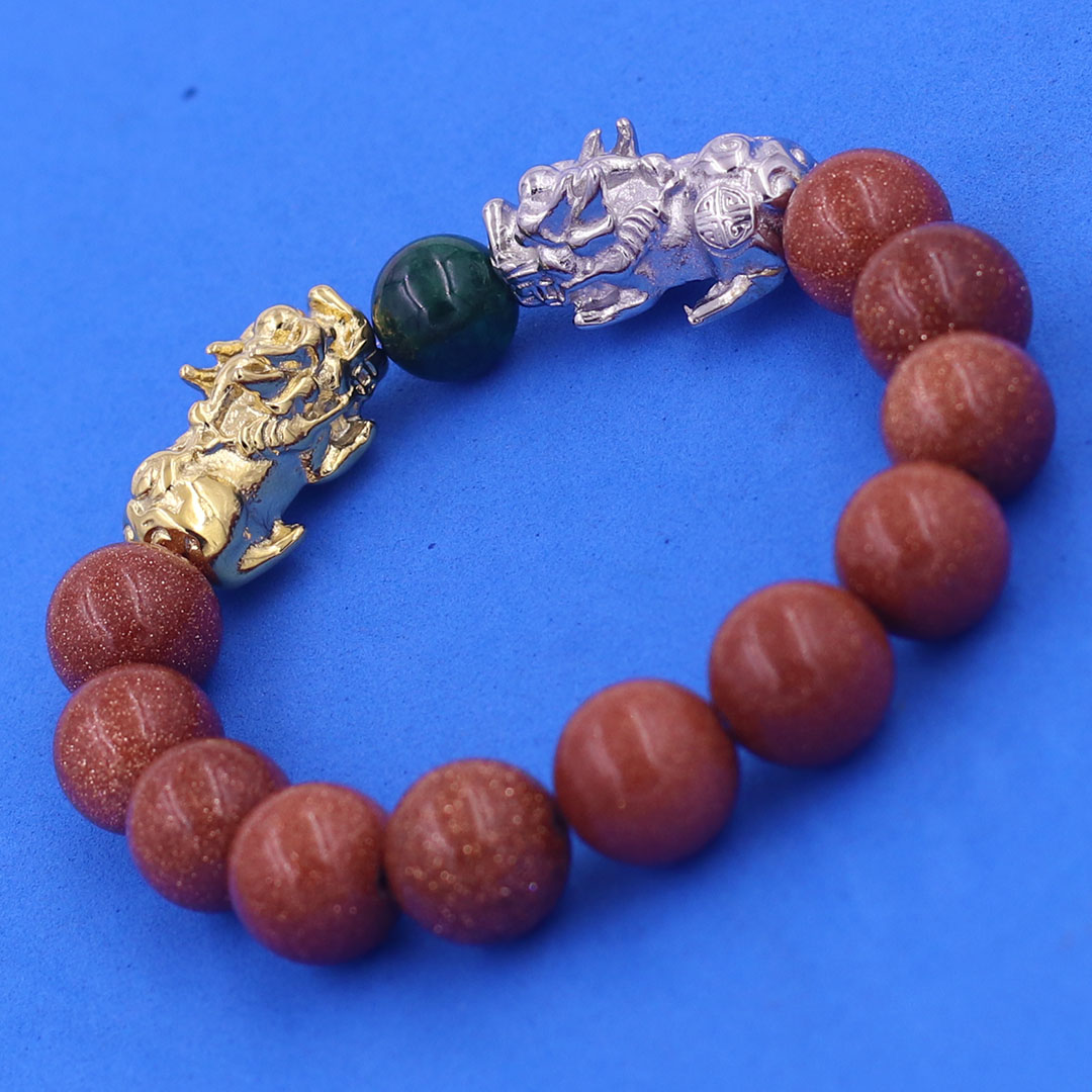 Vòng chuỗi đeo tay đá kim sa 12 ly charm tỳ hưu đôi inox trắng và vàng, vòng chuỗi phong thủy, charm tỳ hưu, vòng tay hạt chuỗi