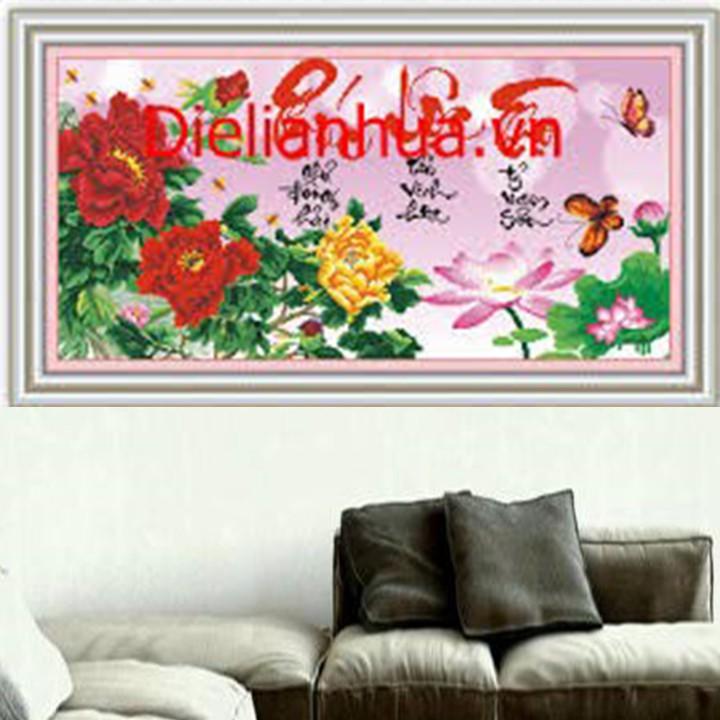 Tranh thêu chữ phúc lộc thọ hoa sen 222926 - kích thước: 76 * 42cm.