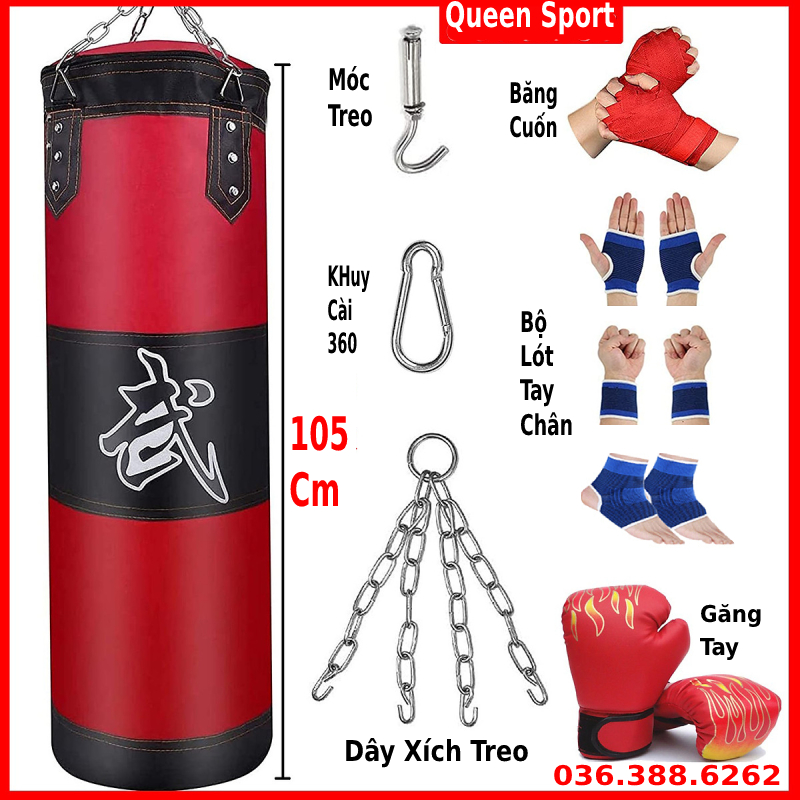 Combo vỏ bao cát  đấm bốc boxing 4 lớp dài 105cm, Ø=35cm + Găng tay đấm bốc boxing hổ vằn + Băng đa cuốn tay - Tặng thêm 7 món bao gồm dây xích + móc treo + vít nở sắt + lót tay chân