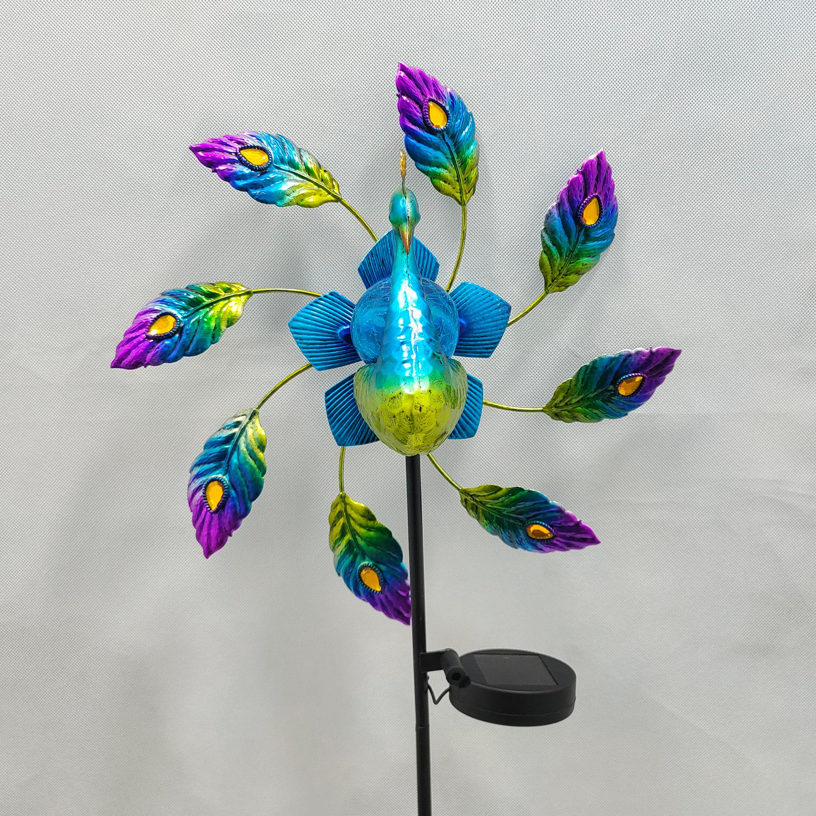 Solar Wind Spinner LED Light Peacock Sculpture WindMill Outdoor Garden Stake