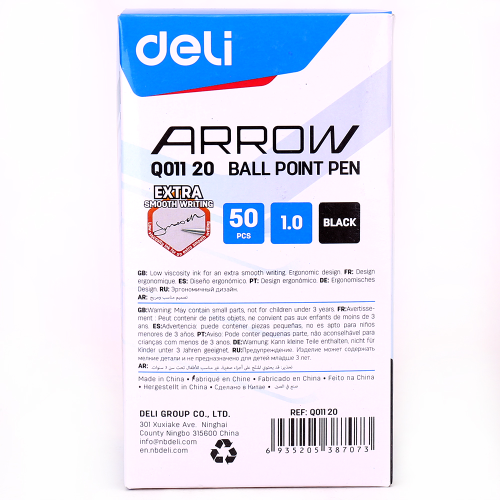 Hộp 50 Cây Bút Bi Dầu Nắp Đậy Arrow 1.0mm Deli EQ01120 - Đen