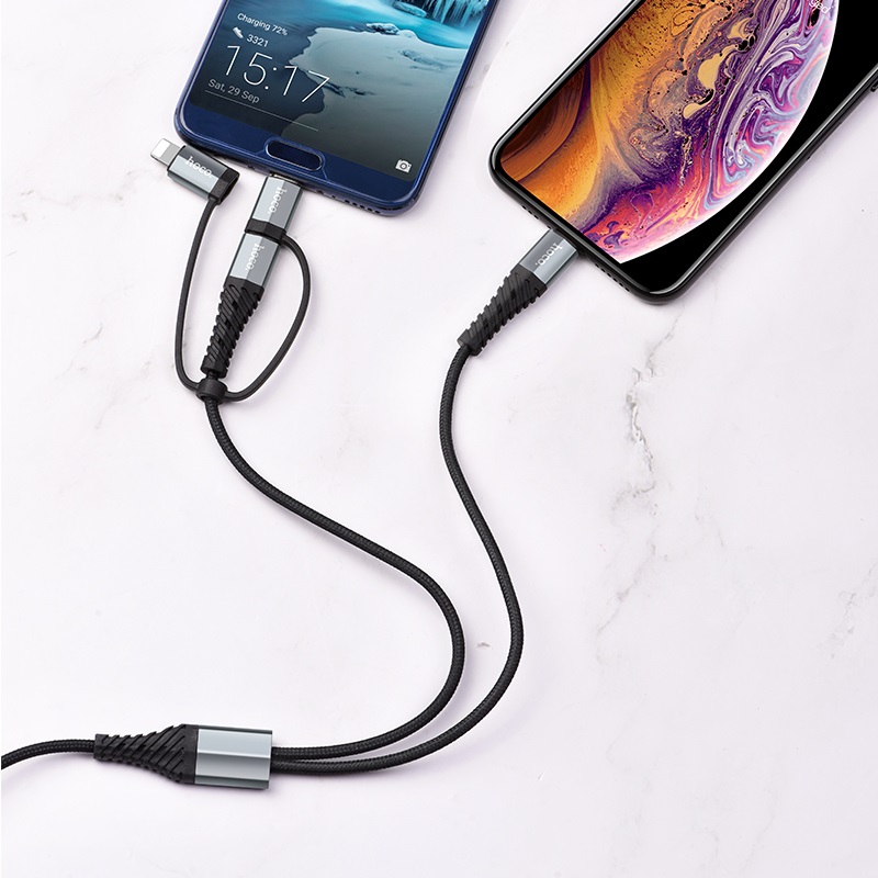 Cáp sạc đa năng 4 in 1 (Lightning + Micro USB + Type C) Hoco sạc được cùng lúc nhiều thiết bị, dây cáp bọc dù, chống đứt, chống rối, chống gãy gập dành cho điện IOS và Android dài 100cm, X38 - Hàng chính hãng