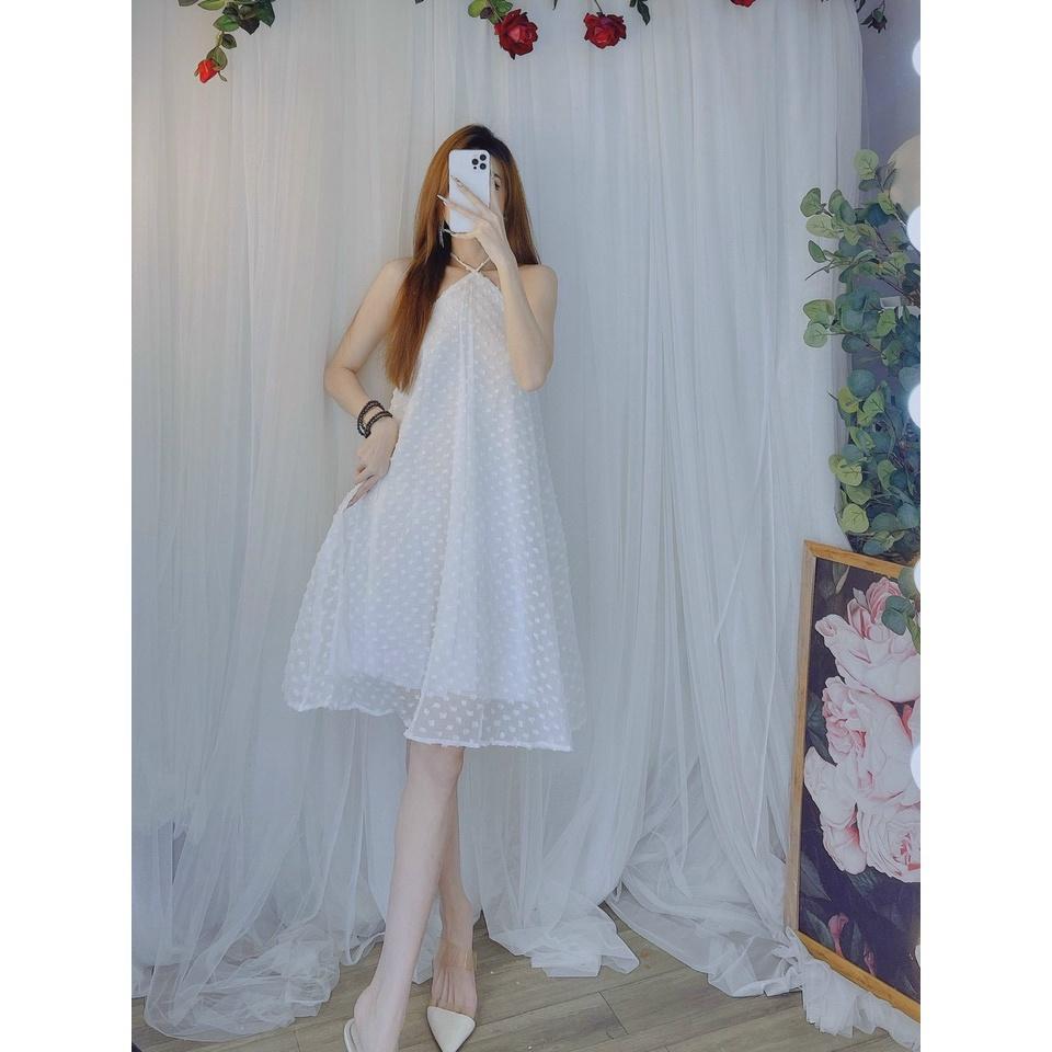 Váy cổ yếm nữ dáng xoè hoa nổi cao cấp siêu đẹp hình thật và video bầu bì bon chen duyên dáng bkfrreship