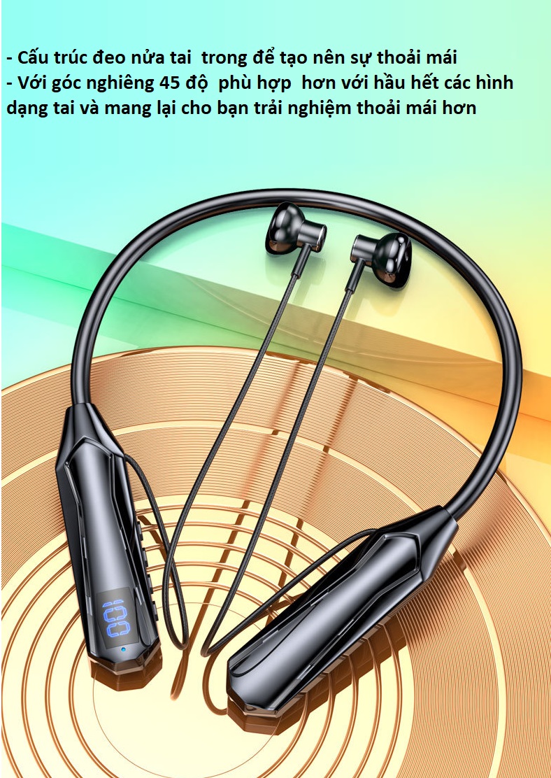 Tai Nghe  Thể Thao Quàng Cổ  4 loa  Bluetooth 5.3  Âm Vòm 360 Độ, Pin Khủng 1000mAh Sử Dụng 80 - 100 Giờ, Led Báo % Pin , Hỗ  Trợ Khe Cắm Thẻ Nhớ .