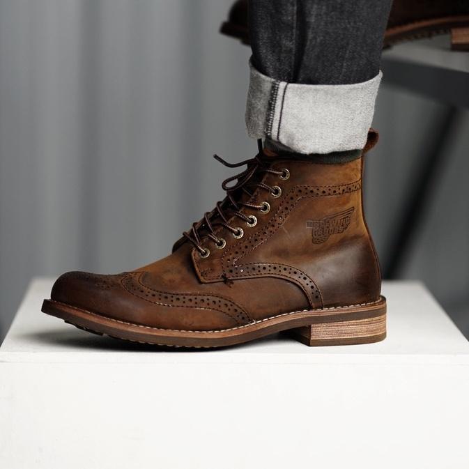 Giày boot nam da sáp cao cổ màu nâu WINGTIP RW ZIP, giày da thật cổ điển khoá kéo TONKIN