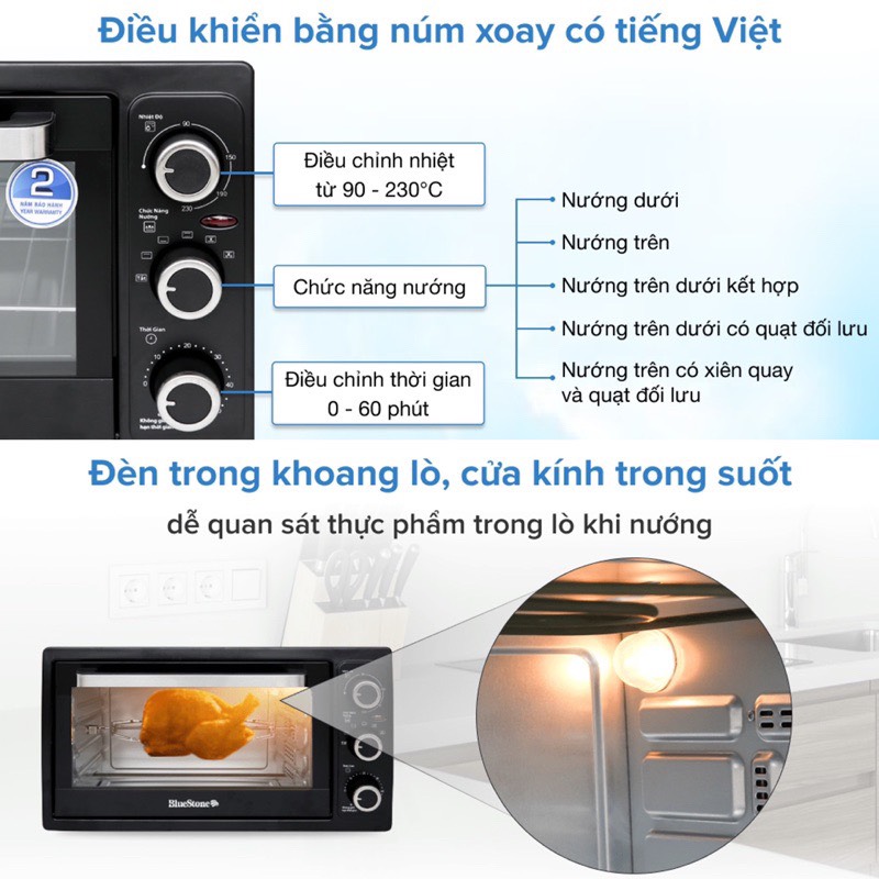Lò Nướng Bluestone EOB-7548, Dung Tích 38Lit Công Suất 2000W, Có Xiên Quay Khi Nướng, Hàng chính hãng