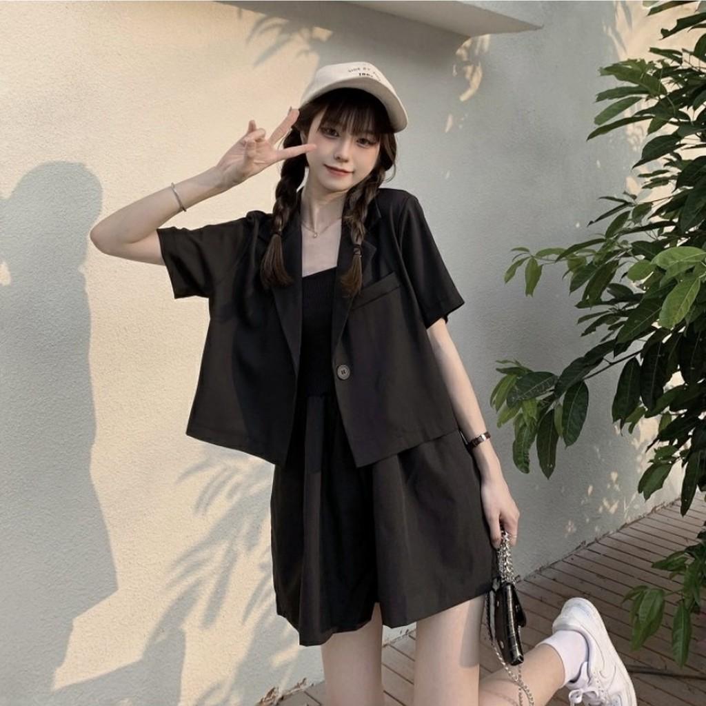 Áo khoác vải blazer dáng ngắn trơn màu Ulzzang style Hàng quảng Châu