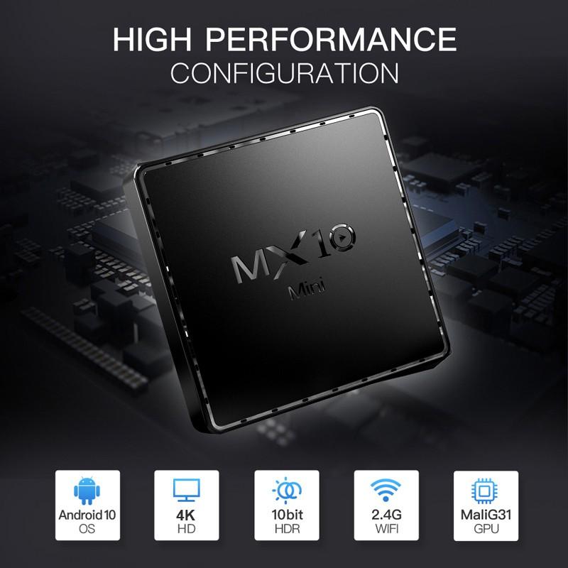 Android TV Box Ram 2G, bộ nhớ 16G, Android 10.0, xem video 4K, hỗ trợ giọng nói, xem nhiều kênh truyền hình MX10MINI