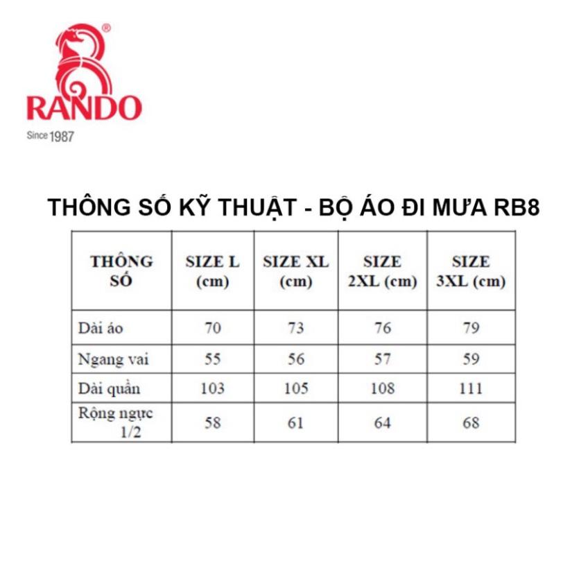 BỘ QUẦN ÁO MƯA 2 Lớp Giữ Ấm RB8, Chính Hãng RANDO, Vải Dù Cao Cấp, Thời Trang, Bền Bỉ Không Thấm Nước Cho Đi Phượt