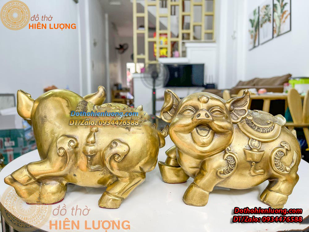 Đôi Tượng Heo Lưng Chữ Phúc - Heo Đắc Phúc Bằng Đồng Kích Thước 21x13x15cm, Nặng 4kg/đôi - Đồ Thờ Hiên Lượng