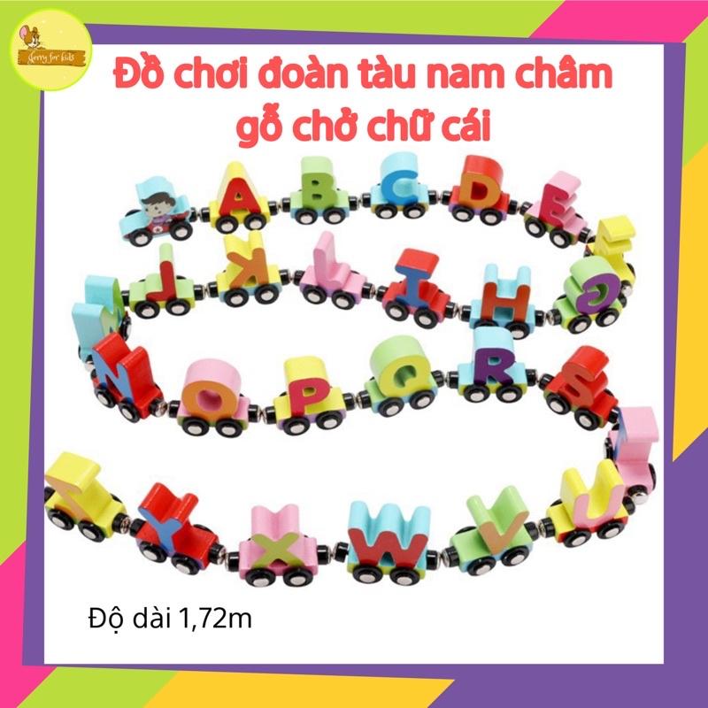 Đồ chơi trẻ em đoàn tàu lửa nam châm từ tính 26 chữ cái bằng gỗ thịt nguyên khối, sơn gốc nước cao cấp