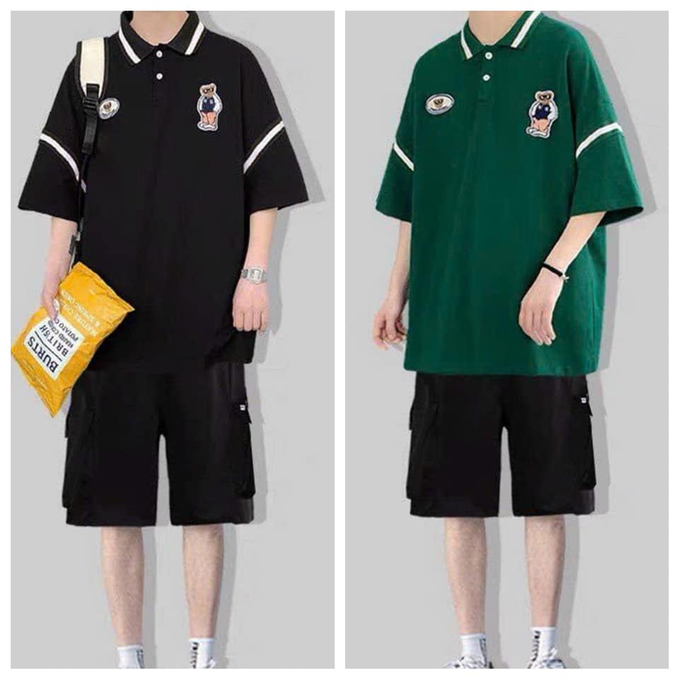 Áo thun polo nam thêu logo phối viền tay