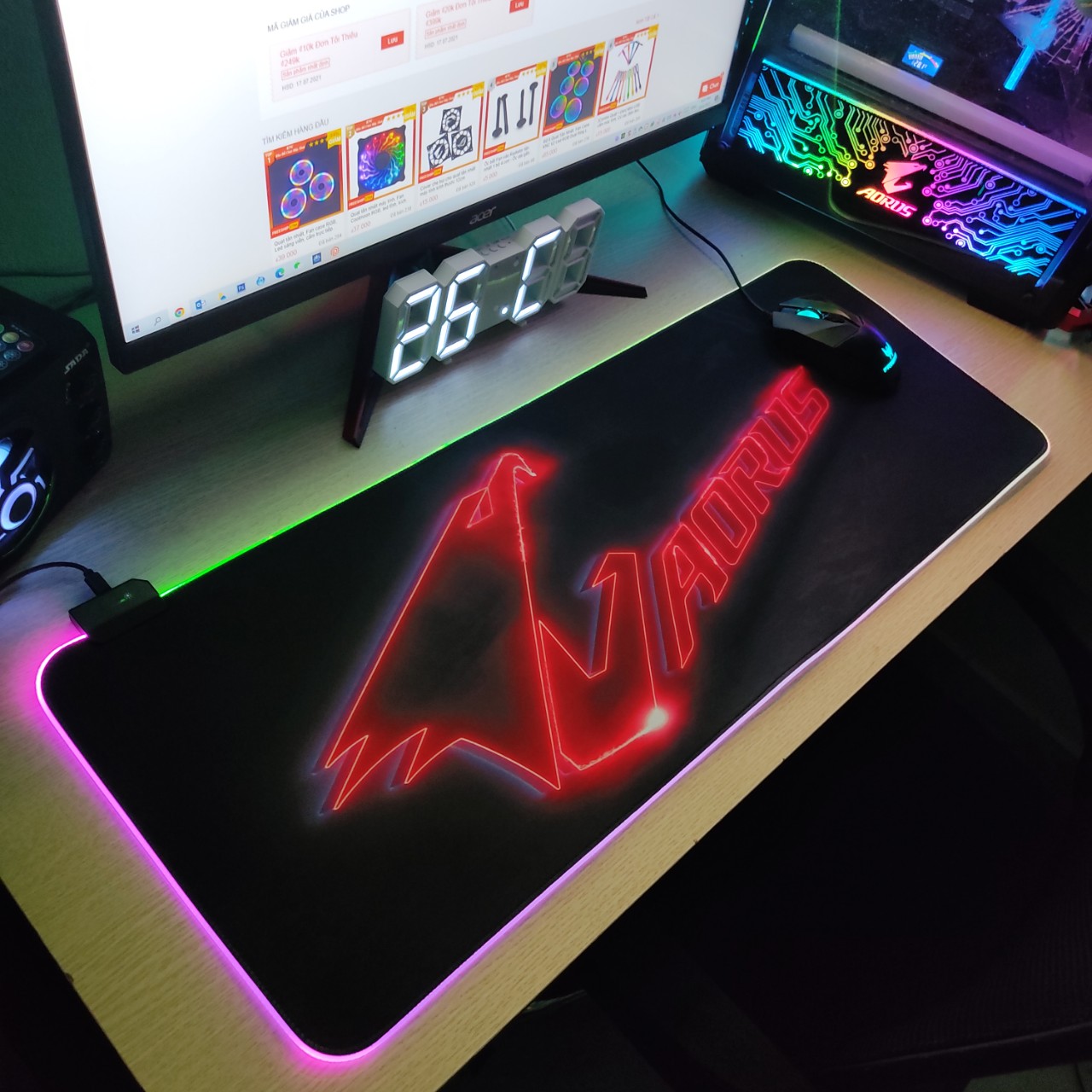 Mouse Pad, bàn di chuột, lót di chuột tích hợp Led RGB Aorus Version 2 sáng viền, kích thước 80cm x 30cm dày 4mm - Hàng nhập khẩu