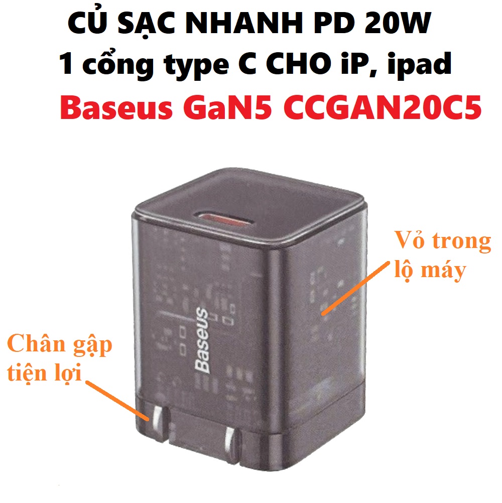 Củ sạc nhanh PD 20W 1 cổng Type C chân gập cho iP và máy tính bảng iPad Baseus GaN5 CCGAN20C5 _ hàng chính hãng