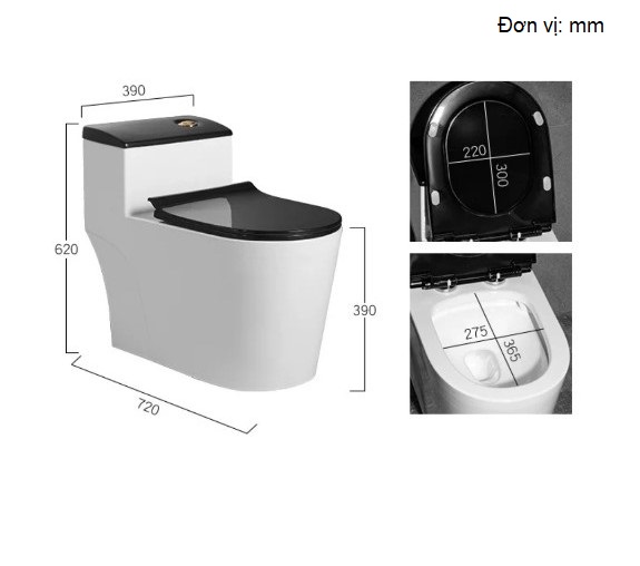 Bồn cầu 1 khối màu trắng đen kích thước nhỏ gọn thiết kế hiện đại phù hợp nhà vệ sinh nhỏ