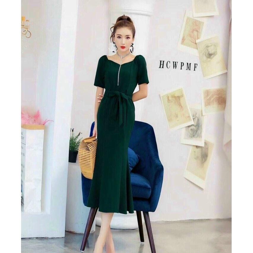 Đầm Xanh Thiết Kế Tay Con, Xòe Nhẹ Nhàng, Có Thắt Eo Thanh Lịch