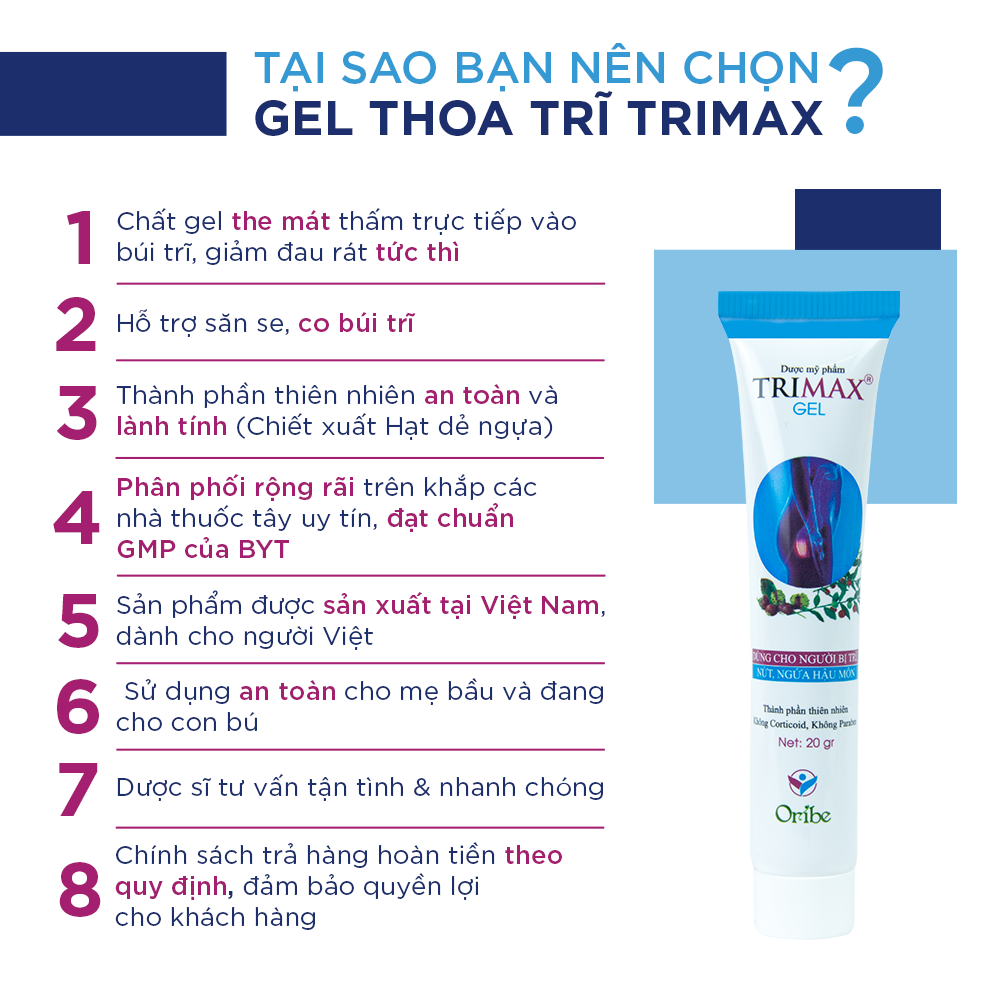 Gel Bôi Trĩ Giúp Co Búi Trĩ, Hỗ Trợ Giảm Sưng Đỏ Và Ngứa Rát Hậu Môn Do Trĩ Trimaxgel 20g - Nguyên Liệu Nhập Khẩu Từ Châu Âu