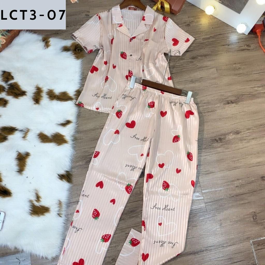 BỘ PIJAMA LỤA GẤM TAY NGẮN QUẦN DÀI HỌA TIẾT CỰC XINH