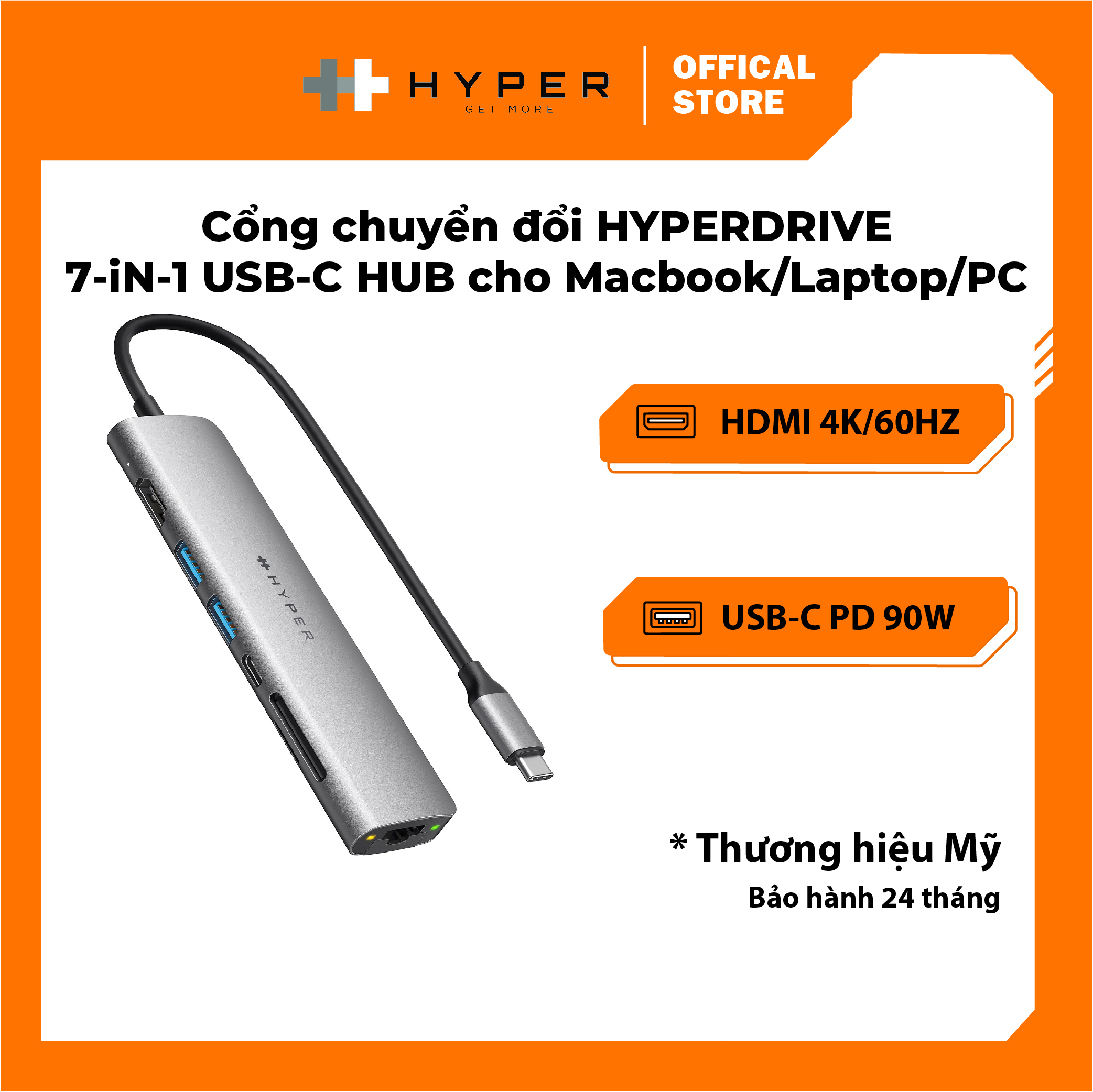 CỔNG CHUYỂN HYPERDRIVE SLAB 7 IN 1 USB-C HUB FOR MACBOOK, SURFACE, PC &amp; DEVICES HD22H - Hàng chính hãng