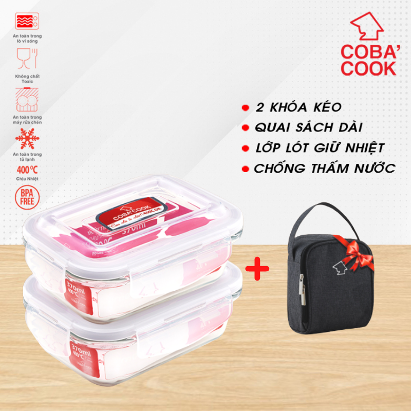 Bộ 2 hộp đựng cơm thức ăn ,trữ thực phẩm thủy tinh chịu nhiệt COBA'COOK hộp chữ nhật 370ml TẶN 1 túi giữ nhiệt - CCL32BS