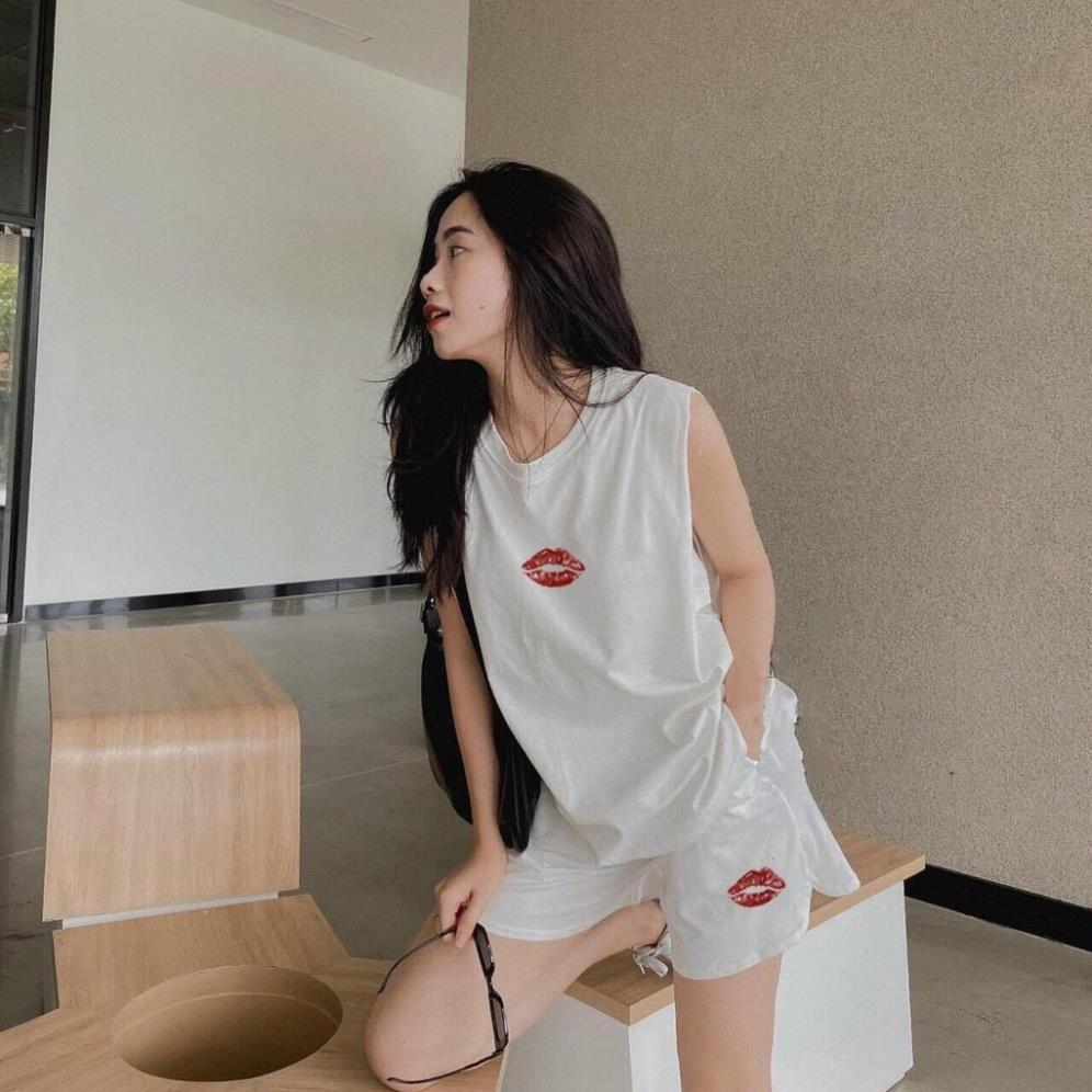 Bộ TankTop Nữ In Hình Đôi Môi ,Áo 3 Lỗ Quần Đùi Nữ Dáng Rộng 2 Màu X080