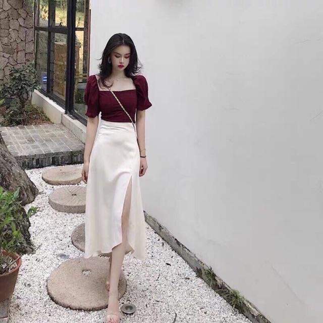 Sét áo tay phồng có dây kéo và chân váy có dây kéo xẻ cao sang chảnh sexy