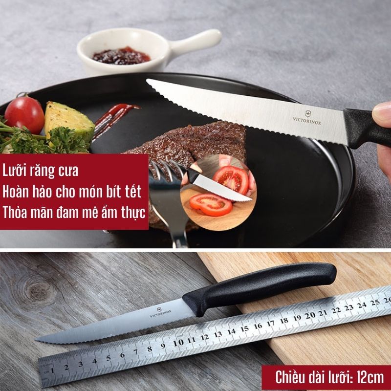 Dao Bít Tết Lưỡi Răng Cưa Victorinox Swiss Classic 12cm Cán Nhựa Màu Đen - Thụy Sỹ (Hàng Chính Hãng)