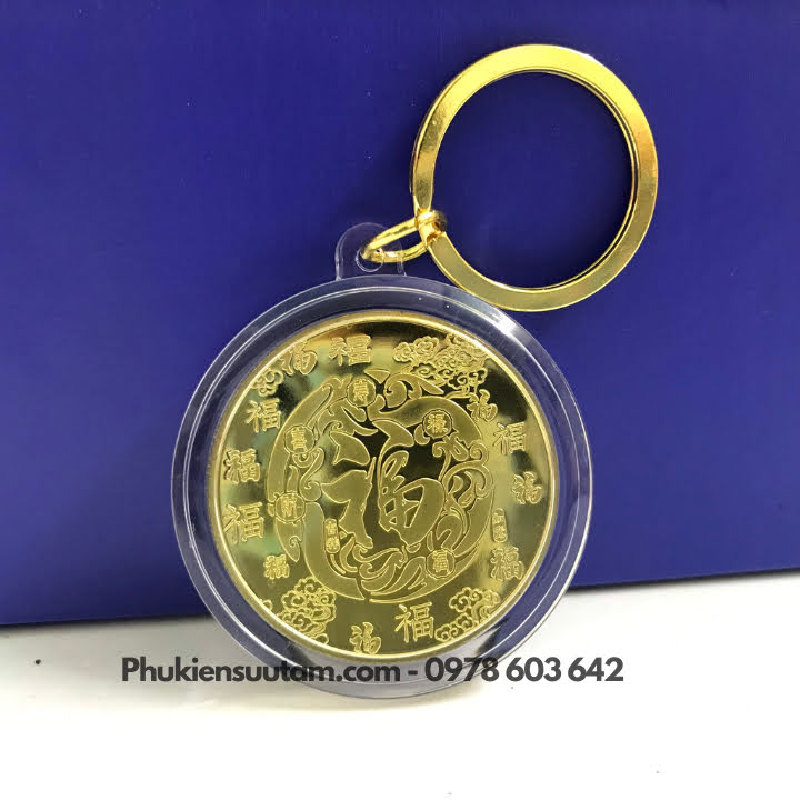 Móc Khóa Xu Tỳ Hưu Mạ Vàng In Màu, đường kính: 5cm, màu vàng - SP005939
