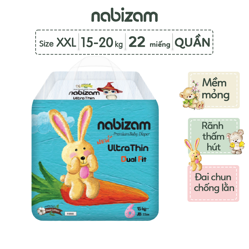 Tã/Bỉm Quần Nabizam Ultra Thin Nội Địa Hàn Mỏng Vượt Trội, Thấm Hút Nhanh Size 2XL22 Cho Bé Từ 15-20kg, 22 Miếng/Bịch