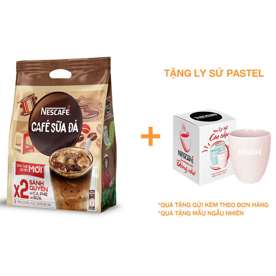 Cà phê sữa Nescafé cà phê sữa đá (Bịch 25 gói x 24g) [Tặng ly sứ pastel]