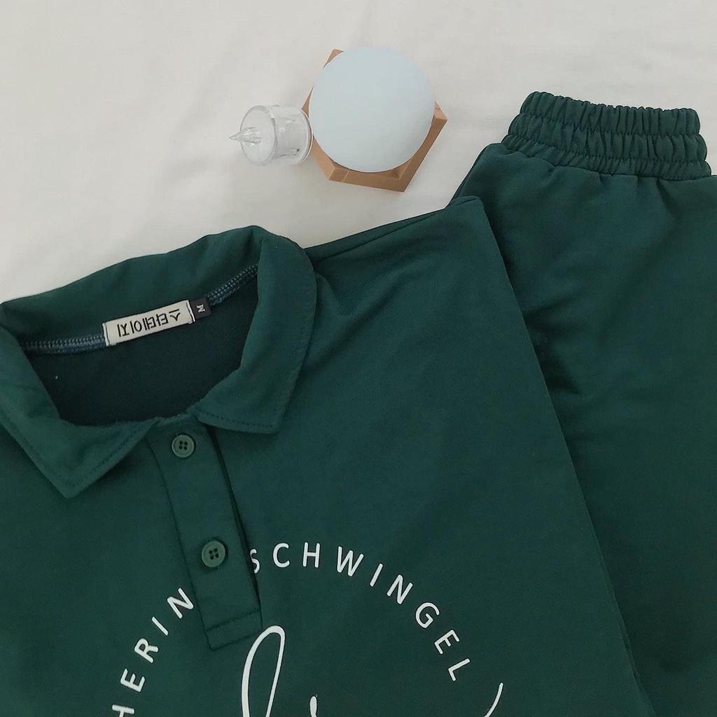 Set đồ nam nữ form rộng unisex-áo polo dài tay cúc cài kèm quần short đùi logo chất thun tăm