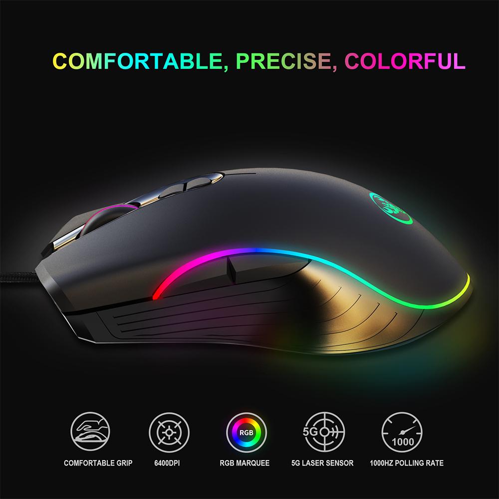 HXSJ A867 Wired Gaming Mouse DPI6400 Optical Mice RGB Backlit Office Mouse 7 Buttons Ergonomic Design