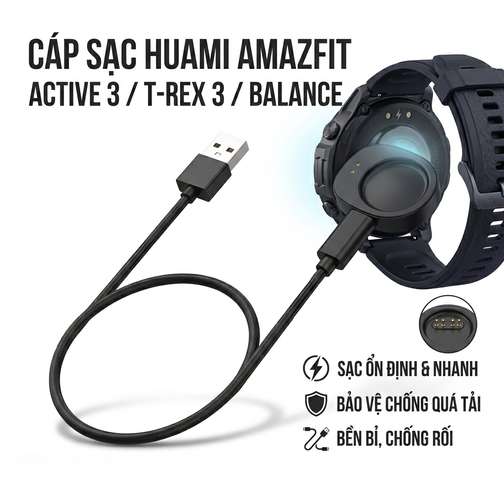 Cáp Sạc Đồng Hồ Amazfit Active 3 / T-Rex 3 / Balance - Dây Sạc Nam Châm Từ Tính Nhanh, An Toàn_ Hàng chính hãng