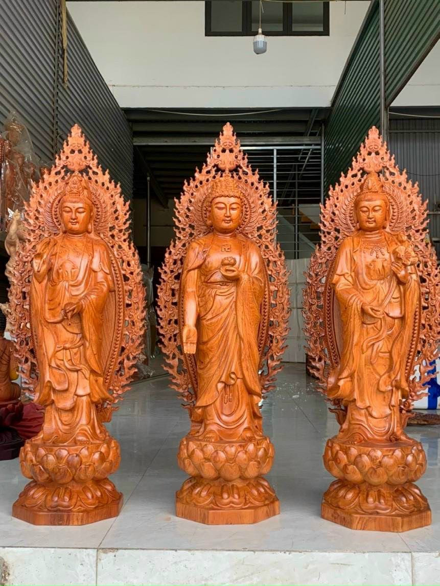Bộ tương phật tam thánh tây phương bằng gỗ hương đá kt cao 50×15cm +lá chắn hào quang cao tổng 61cm