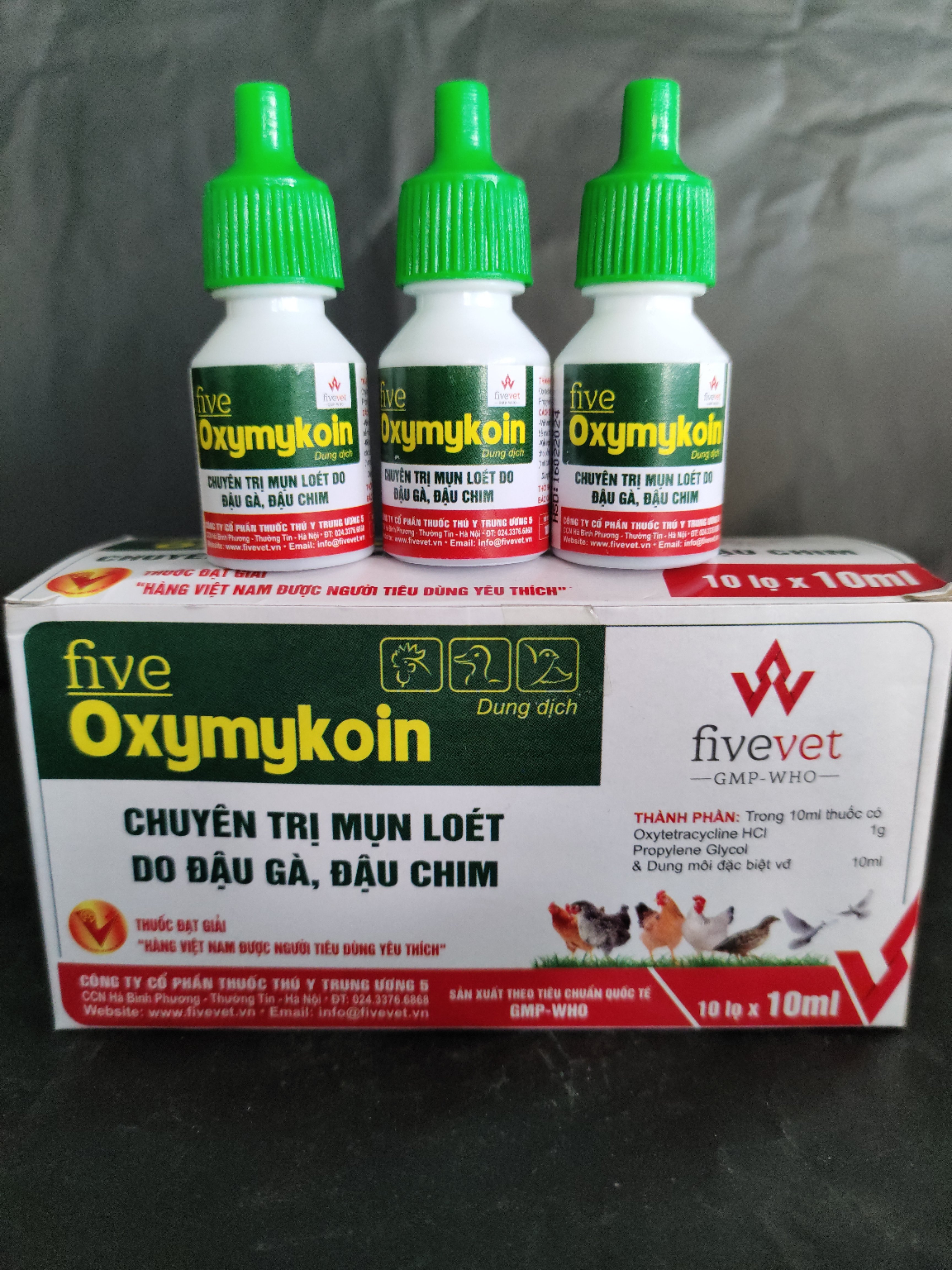 Five Oxymykoin Đ.ặc t.rị nhiễm khuẩn, mụn loét do đậu gà, đậu chim gây ra. T.rị tiêu chảy phân xanh, phân trắng, tụ huyết trùng, sưng phù đầu, CRD, hen, khẹc, viêm kết mạc mắt.