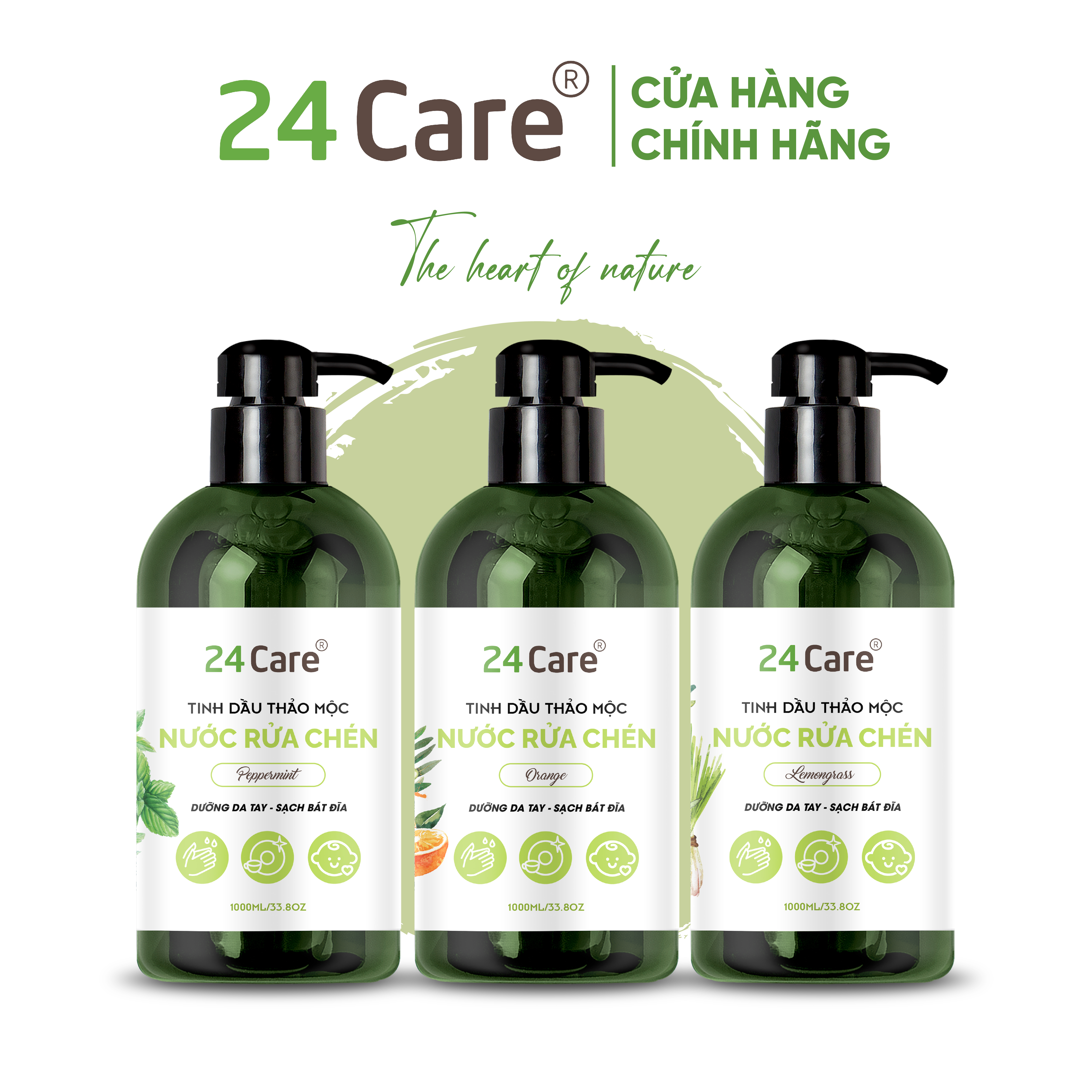 Nước Rửa chén hữu cơ trẻ em 24Care - Hương thảo mộc thiên nhiên Sả chanh/ Bạc hà/ Cam ngọt - Đuổi muỗi và côn trùng - Thơm nhẹ diệt khuẩn loại bỏ vết bẩn cứng đầu