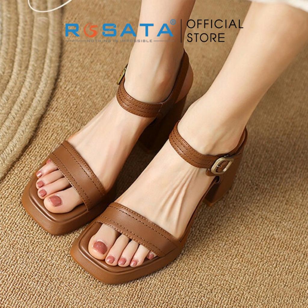 Giày sandal cao gót nữ ROSATA RO468 xỏ ngón mũi vuông quai hậu cài khóa ngang gót vuông cao 8cm xuất xứ Việt Nam - Nâu