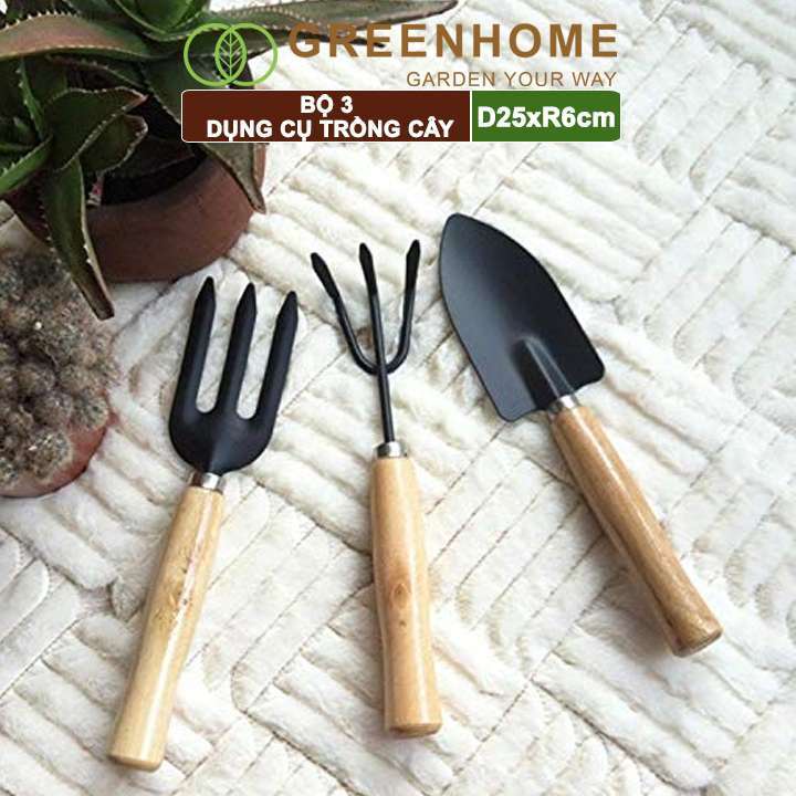 Dụng Cụ Làm Vườn Greenhome, D25cm, Cán Gỗ, Lưỡi Thép, Gồm Xẻng Xúc Đất, Cào, Chĩa, Trồng Cây, Làm Cỏ Dễ Dàng