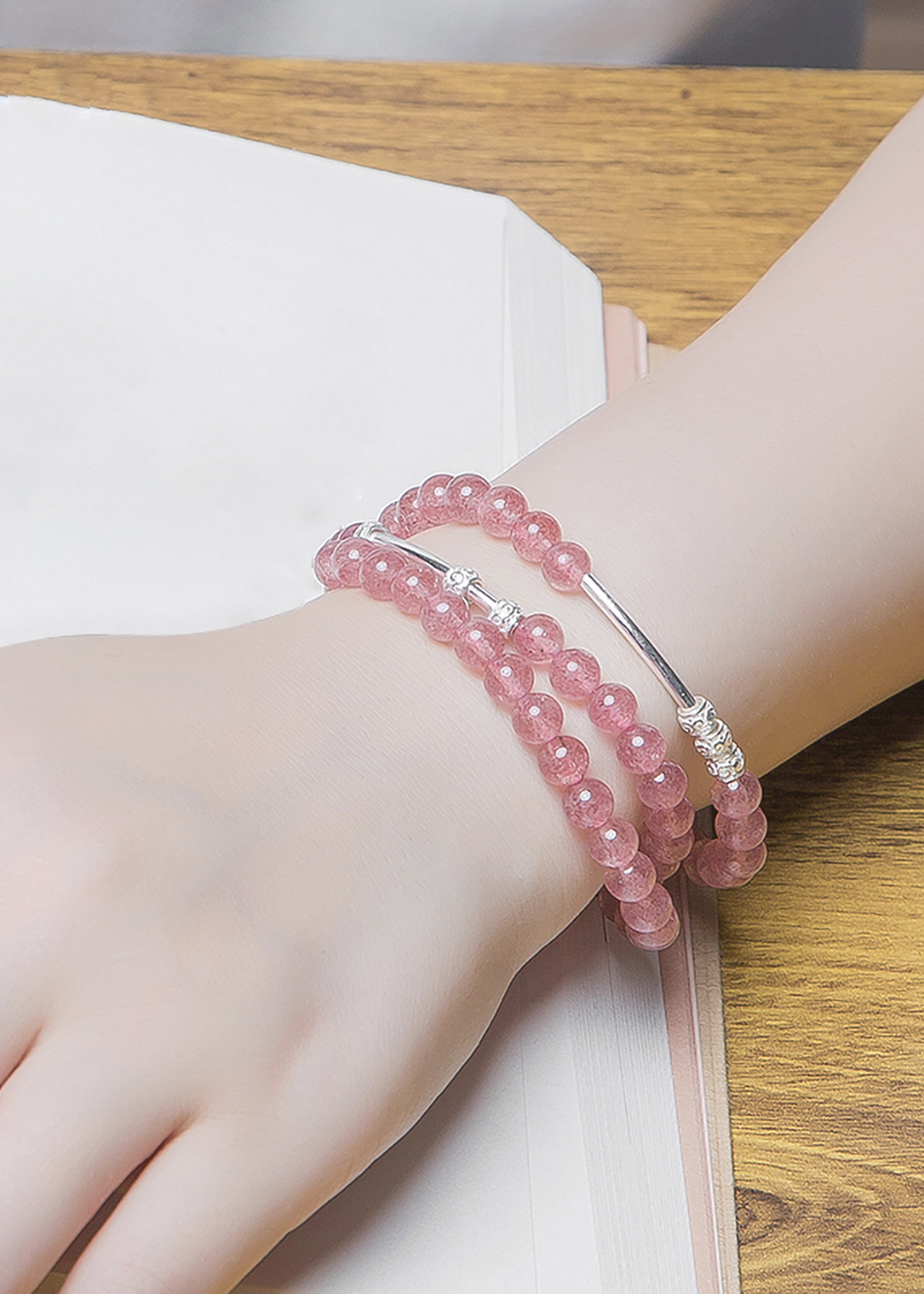 Vòng tay 3 line đá thạch anh hồng charm bạc mệnh hỏa, thổ - Ngọc Quý Gemstones