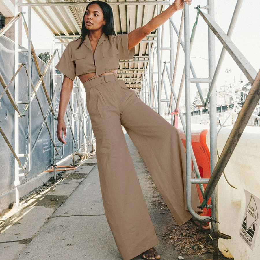 BoozRey Mùa Hè 2021 Mới Retro Lưng Thiết Kế Tay Ngắn Cảm Giác Ren Ngắn Áo Sơ Mi Dây Cao Cấp Dài Quần Ống Rộng bộ Quần Áo Nữ