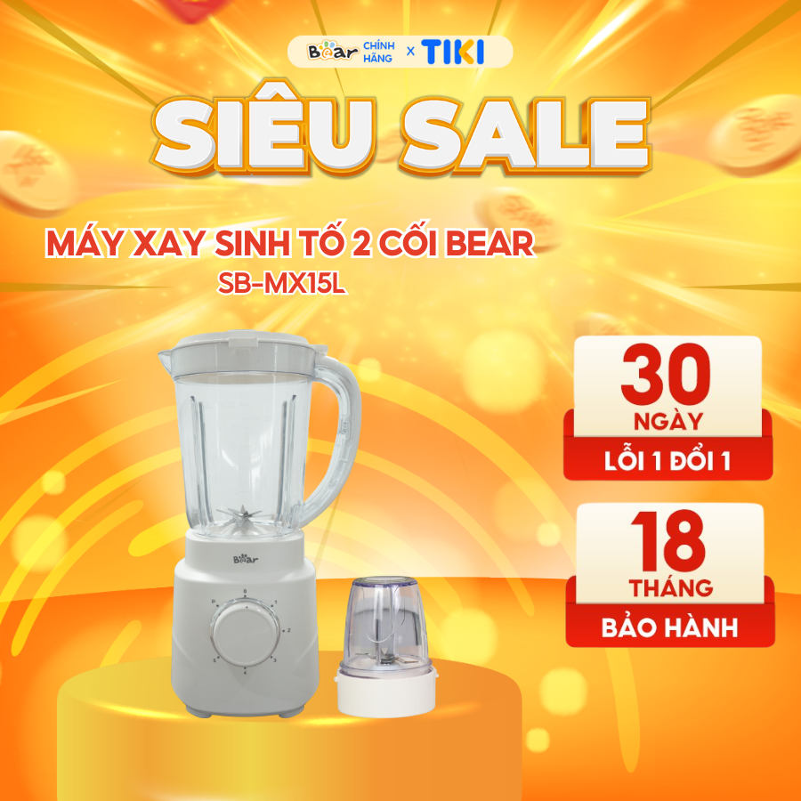 Máy Xay Sinh Tố 1,5L Bear Tích Hợp Máy Xay Tỏi Ớt 2 Cối Xay Đa Năng Xay Đồ Ăn Healthy Eat Clean SB-MX15L - Hàng Chính Hãng