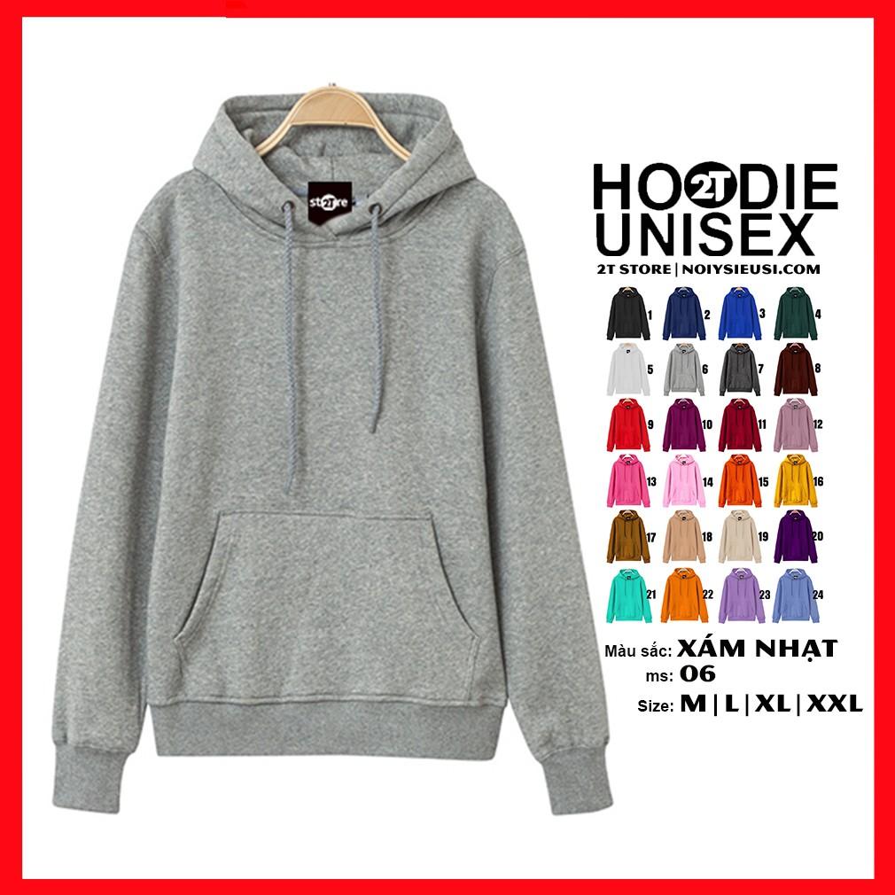 Áo hoodie unisex 2T Store H06 màu xám nhạt - Áo khoác nỉ chui đầu nón 2 lớp dày dặn chất lượng đẹp