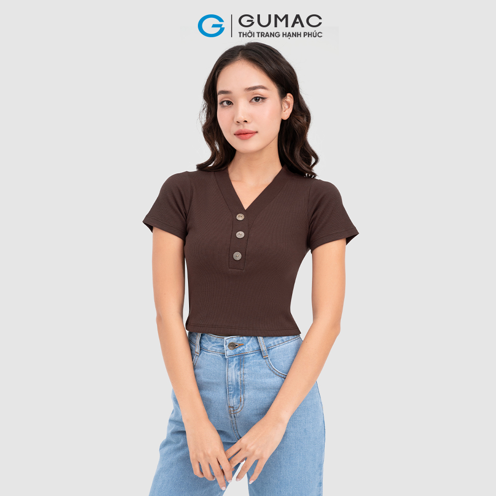 Áo thun nữ GUMAC ATC11045 cổ V phối nút nhiều màu trẻ trung