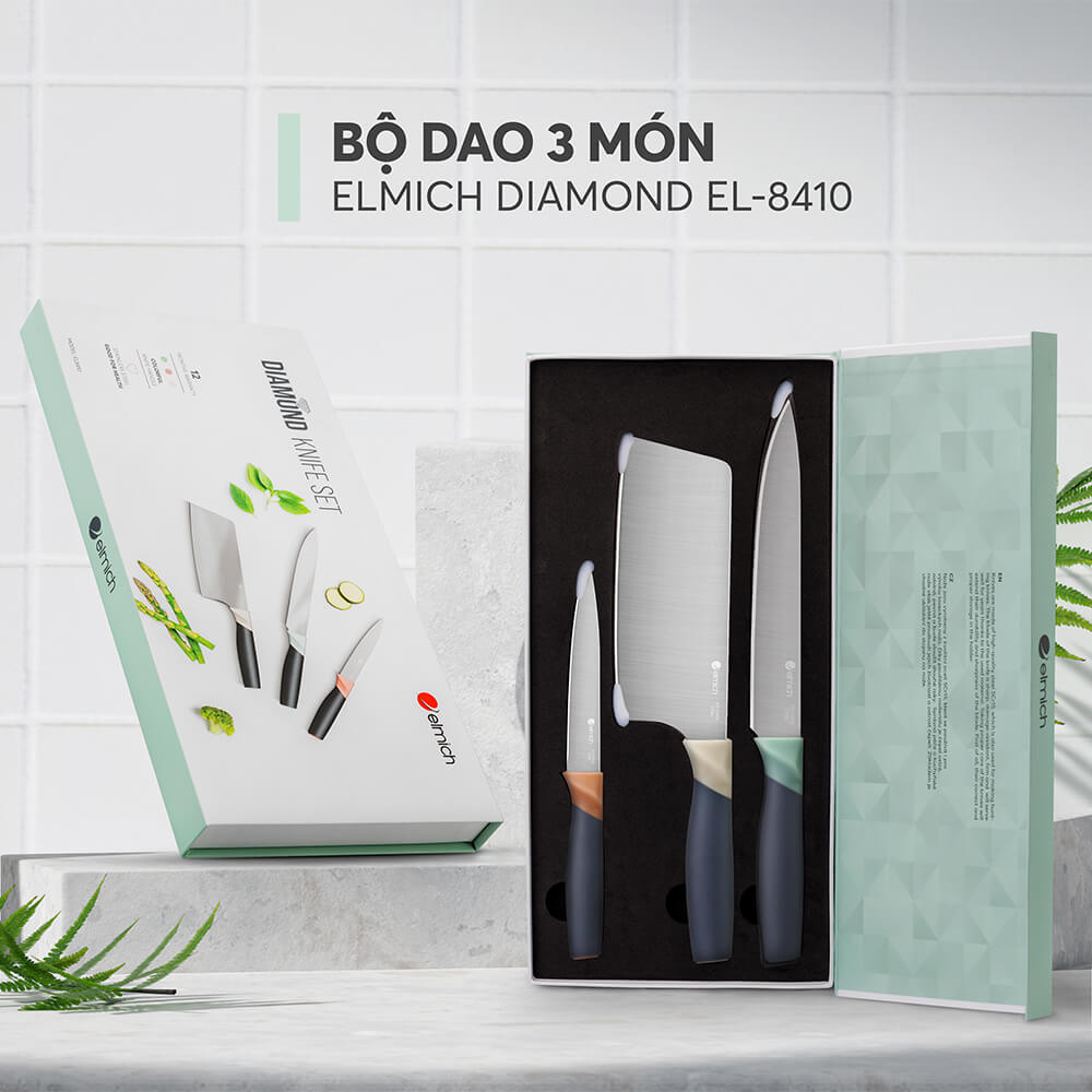 Bộ Dao Thép Diamond 3 Món Đóng Hộp Elmich EL8410, Hàng Chính Hãng, Chống Trượt, Chống Ăn Mòn-JoyMall