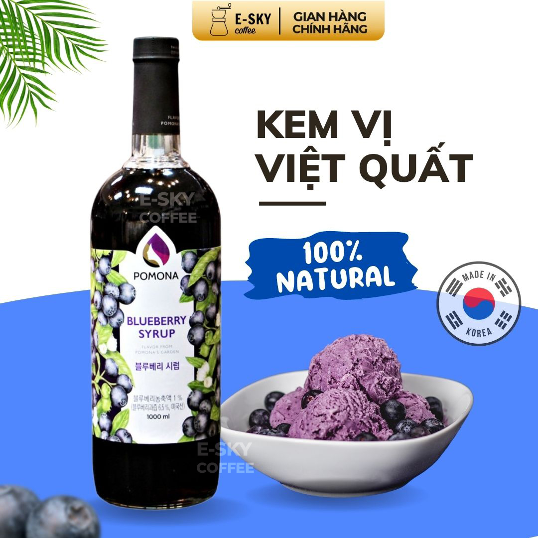 Siro Việt Quất POMONA Blueberry Syrup Nguyên Liệu Pha Chế Hàn Quốc Chai Thủy Tinh 1 lít