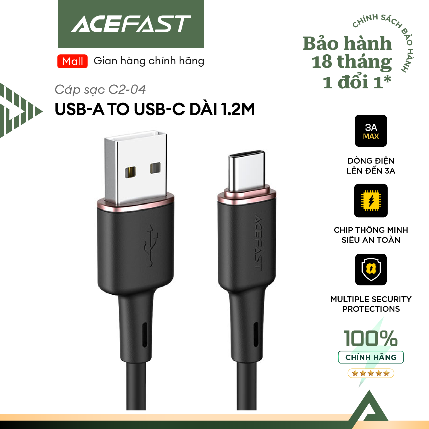 Cáp sạc Acefast cổng USB-A to USB-C (1.2m) - C2-04 Hàng chính hãng Acefast
