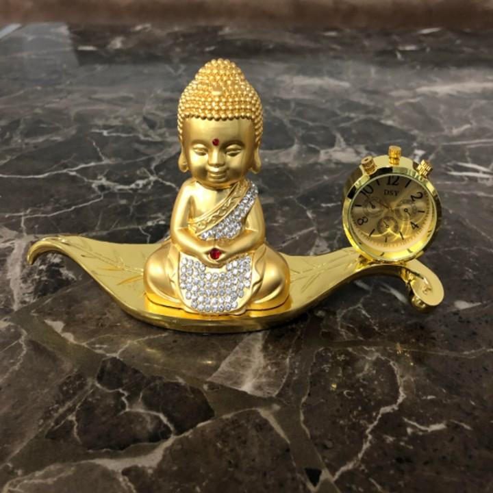 Tượng phật đúc đồng mạ vàng, kiêm đồng hồ trang trí trên bàn làm việc, taplo ô tô, xe hơi cao cấp - Mã A72542